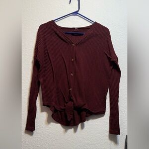 Burgundy Waffle Button Up Long Sleeve